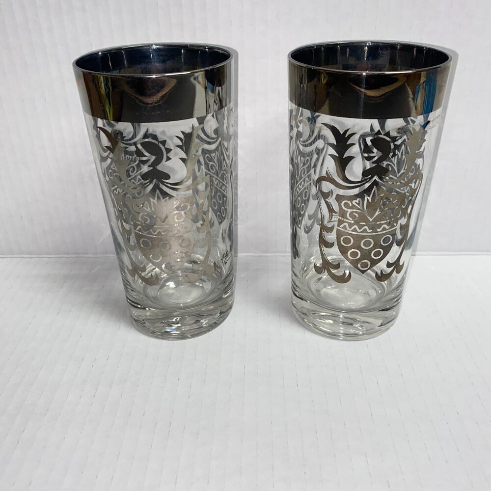 Set of 2 Kimiko Silver Knight Shield Coat of Arms MCM Highball Glasses 1960s EUC